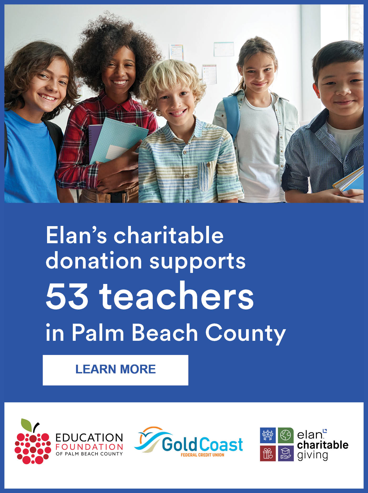 图为Elan的慈善捐款支持棕榈滩县的53名教师