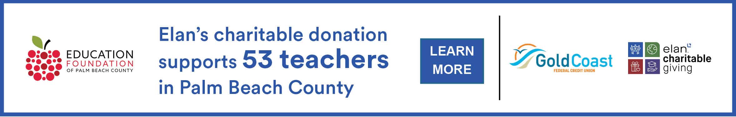 上面写着Elan的慈善捐款支持了棕榈滩县的53名教师